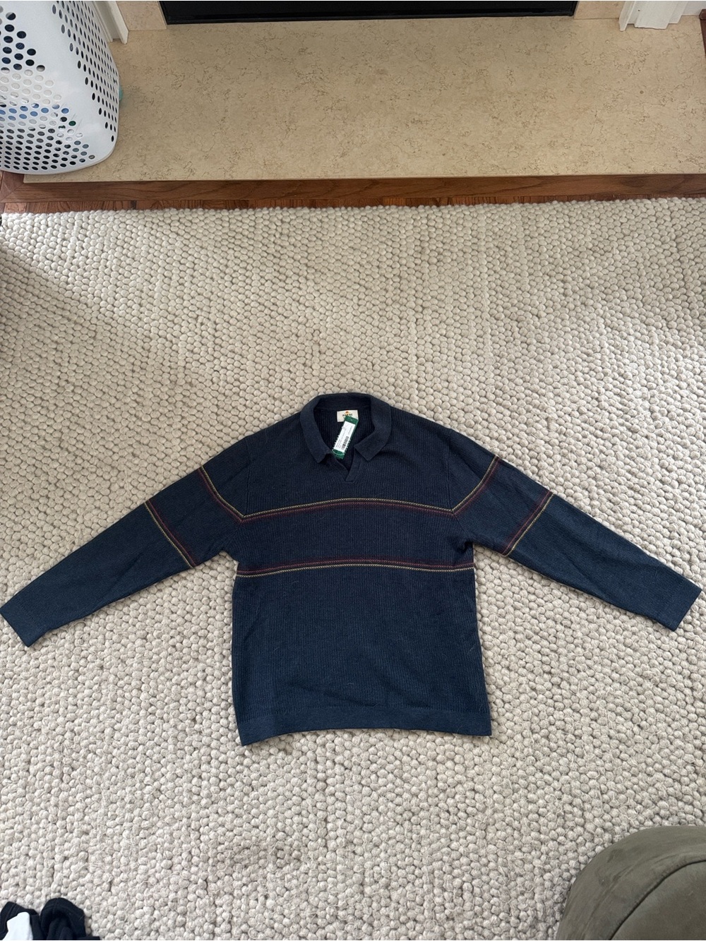 Marine Layer Men's Navy V-Neck Sweater with Rust Accent Stripes